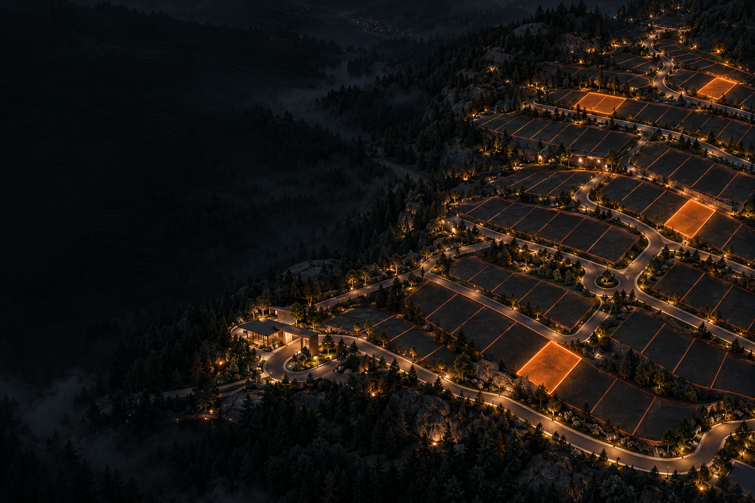 Visualización conceptual de un desarrollo de terrenos con lotes iluminados en naranja